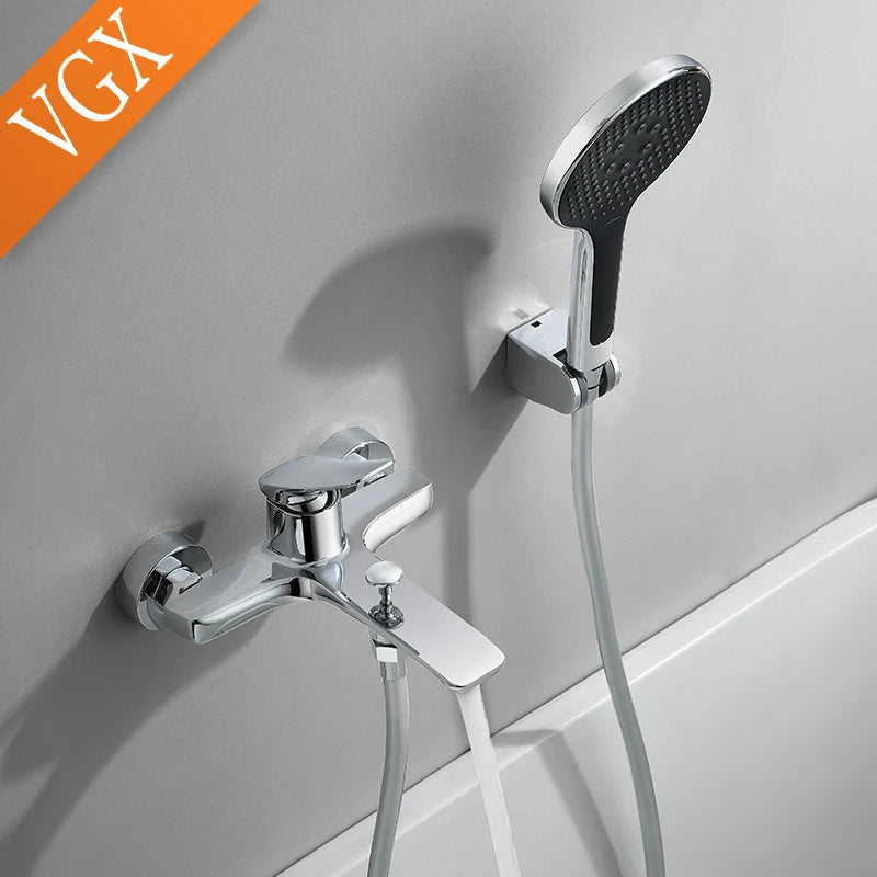 VGX Simple Bathroom Shower System Set Bathtub Faucets Set Bath Water Taps Shower Diverter Single Handle Tub Mixer Shower Crane