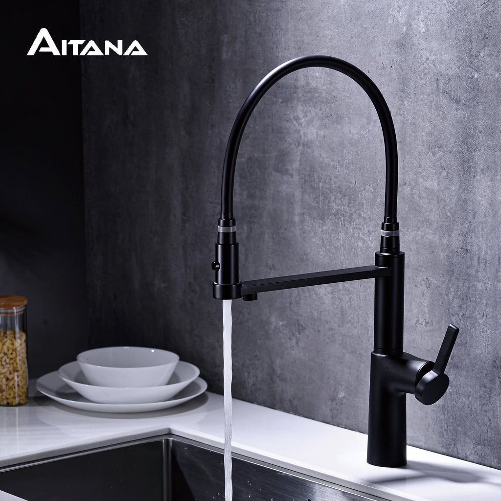Simple black brass kitchen faucet with pull-out design, dual control of cold and hot, and water purification function sink Tap