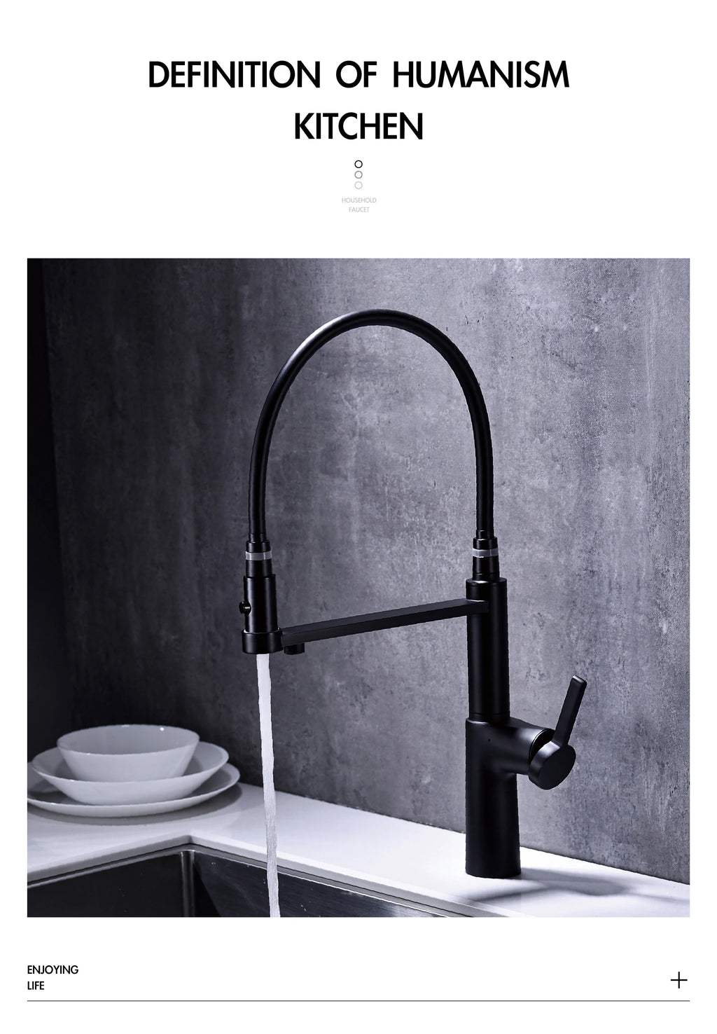 Simple black brass kitchen faucet with pull-out design, dual control of cold and hot, and water purification function sink Tap