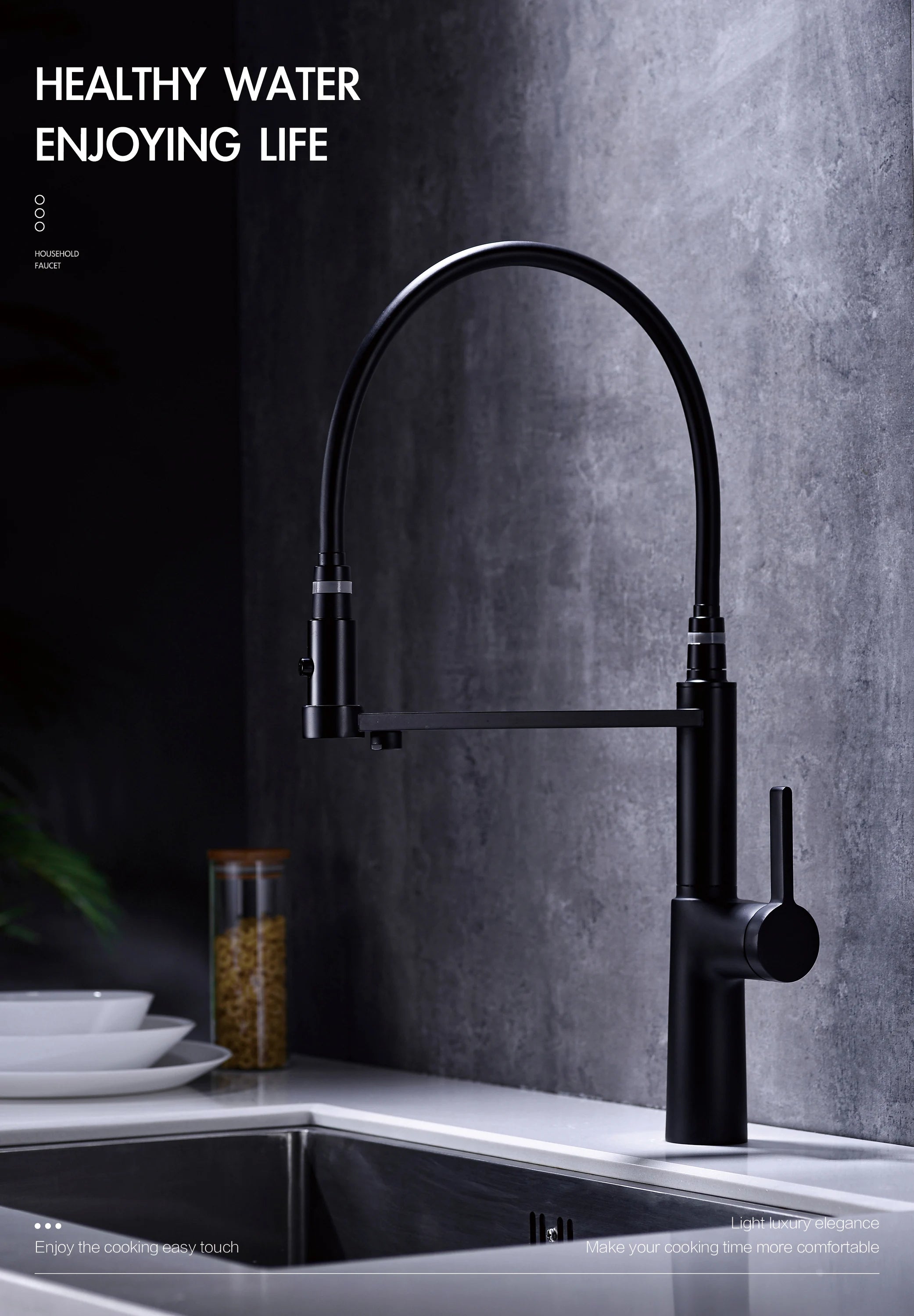 Simple black brass kitchen faucet with pull-out design, dual control of cold and hot, and water purification function sink Tap