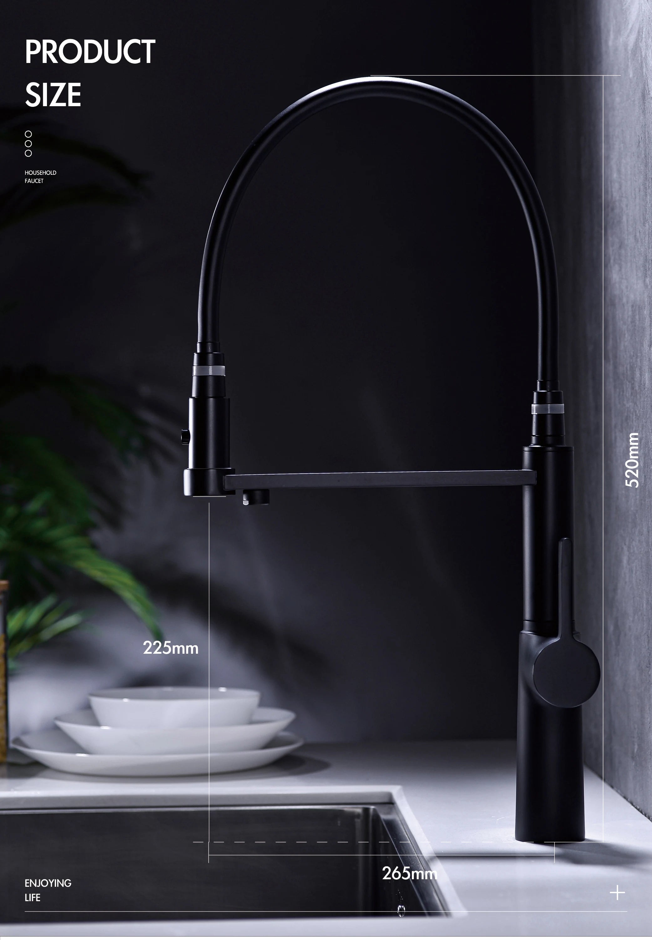 Simple black brass kitchen faucet with pull-out design, dual control of cold and hot, and water purification function sink Tap