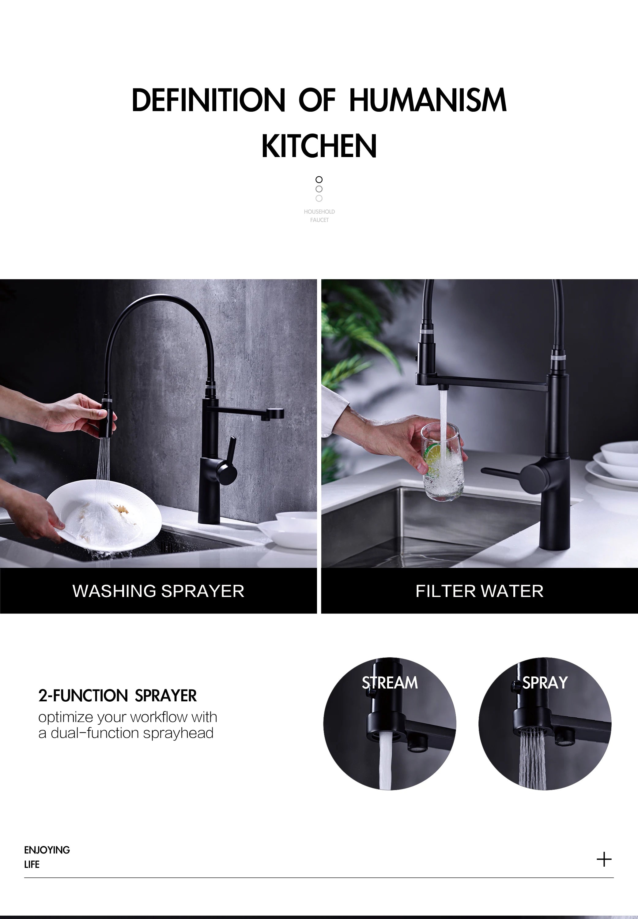 Simple black brass kitchen faucet with pull-out design, dual control of cold and hot, and water purification function sink Tap