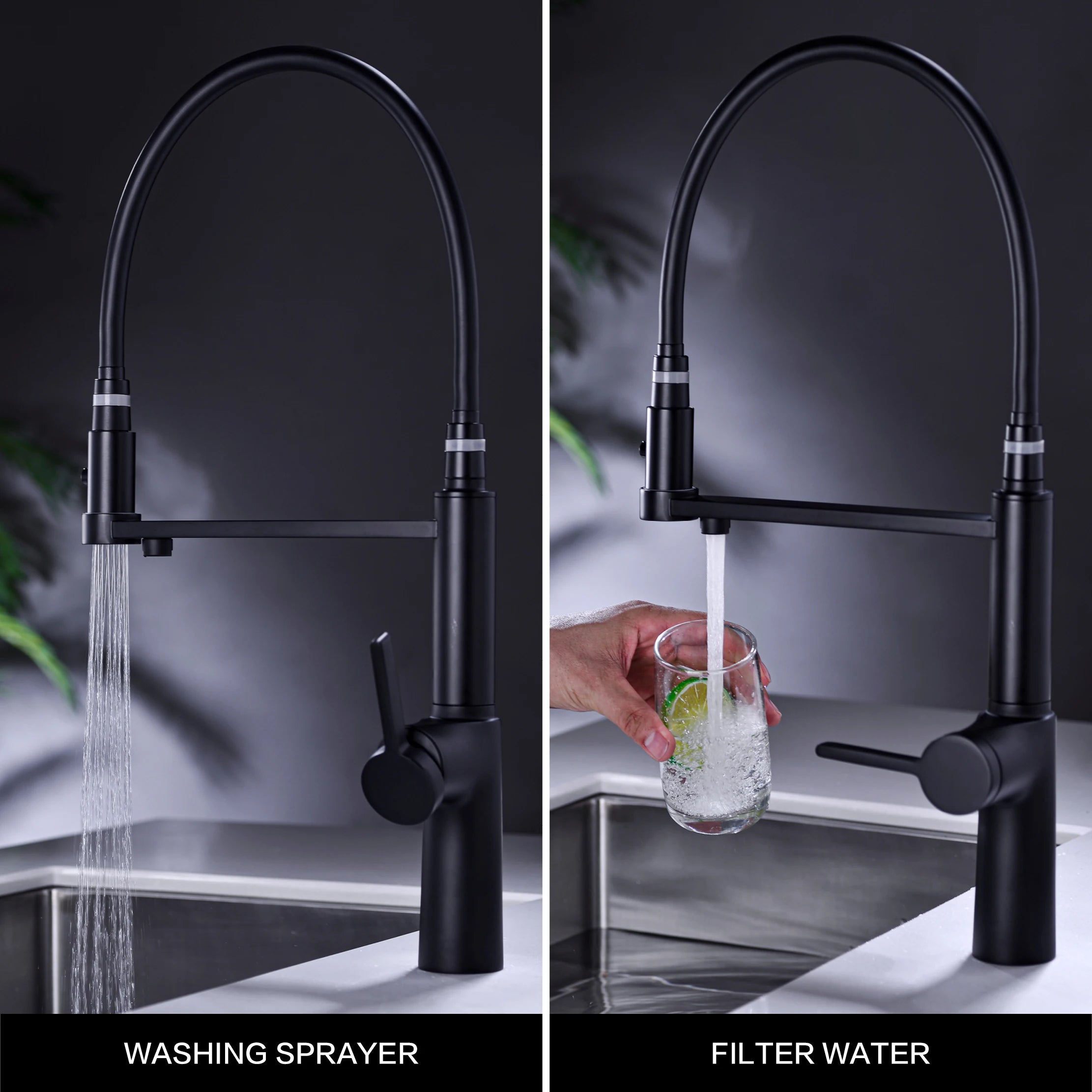 Simple black brass kitchen faucet with pull-out design, dual control of cold and hot, and water purification function sink Tap