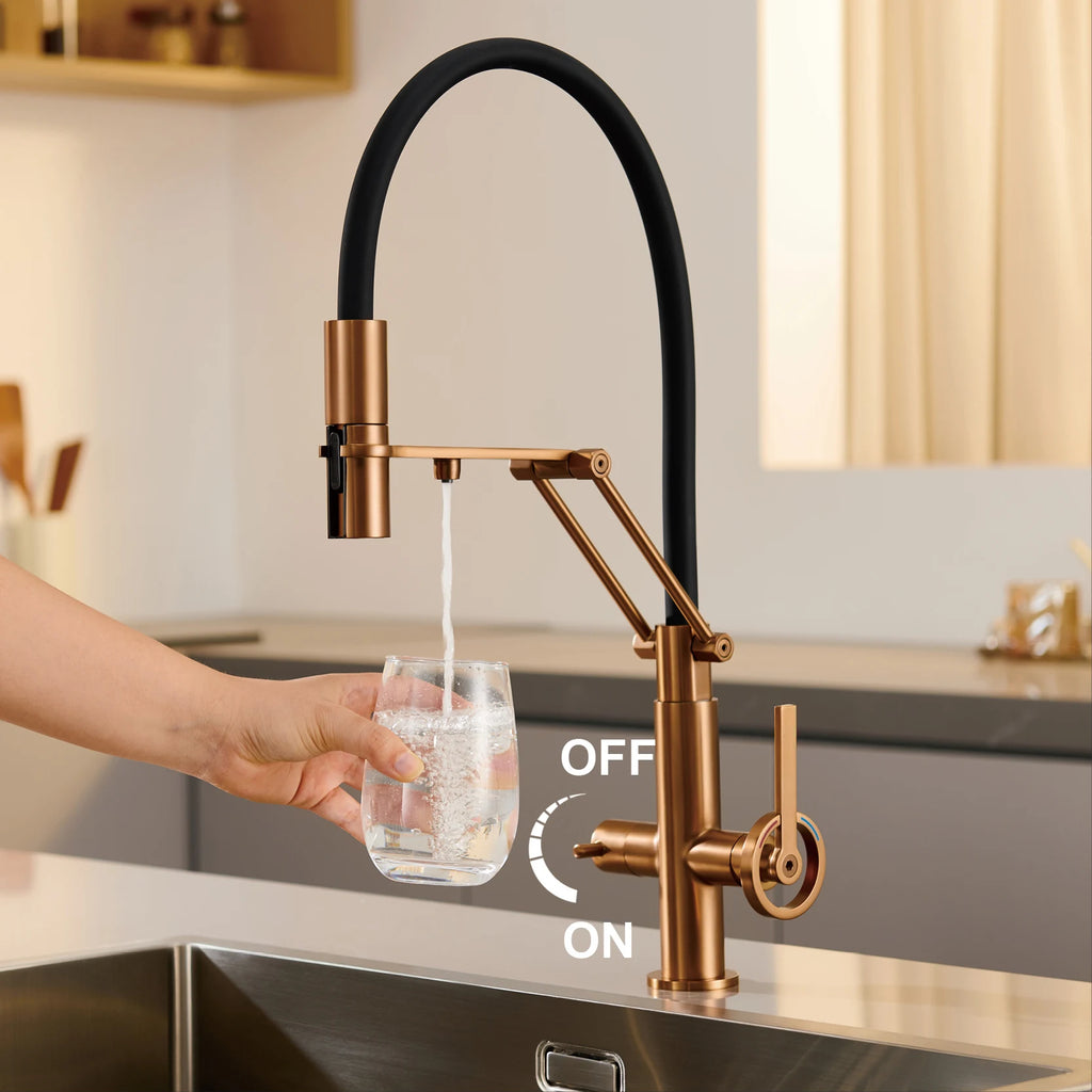 Industrial brass brushed rose gold kitchen faucet with separated filter faucet. 1 hole pull-out hot&cold water tank mixr Tap