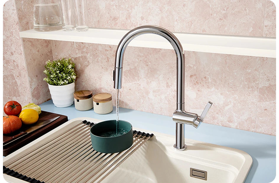 VGX Luxury Brushed Kitchen Faucet Deck Mounted Tap Pull Out Kitchen Sink Mixer Single Handle Kitchen Gourmet Faucet Water Crane