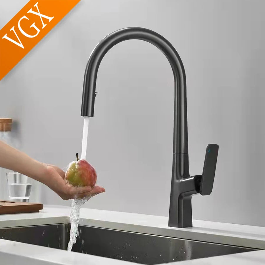 VGX Pull Out Kitchen Sink Faucet Stream Sprayer Kitchen Gourmet Faucet Rotatable Basin Mixer Water Tap Hot Cold Crane Brass Grey