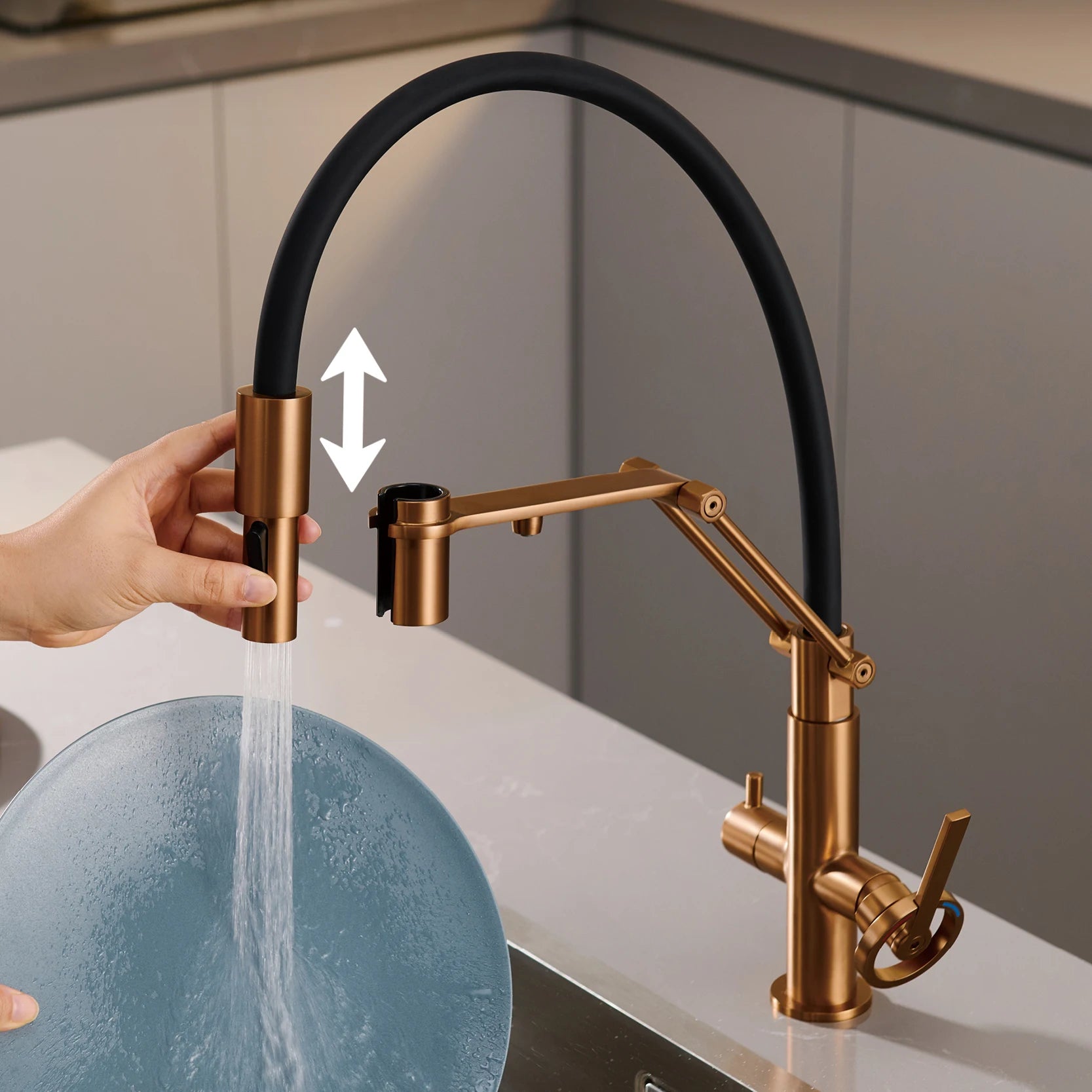 Industrial brass brushed rose gold kitchen faucet with separated filter faucet. 1 hole pull-out hot&cold water tank mixr Tap