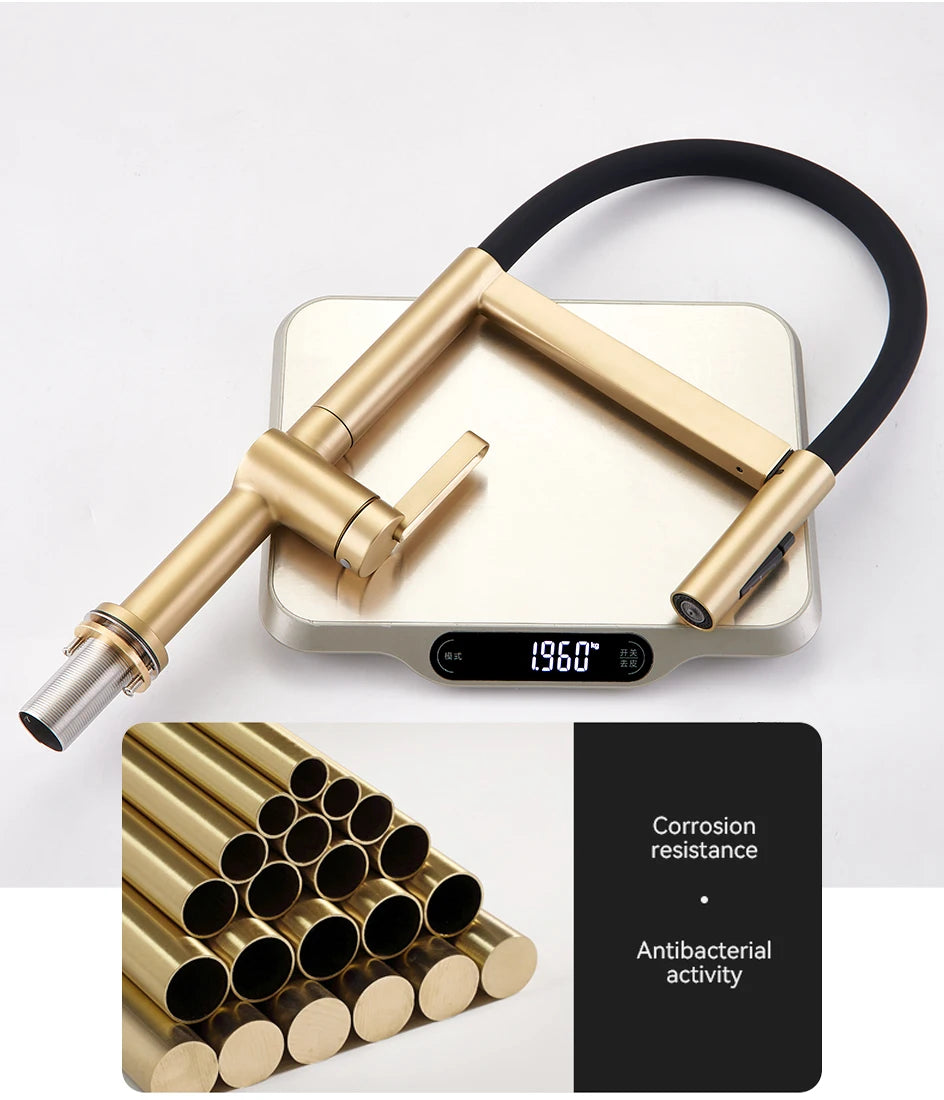 VGX Kitchen Faucet Sink Faucets Rubber Pull Down Stream Sprayer Taps Rotatable Kitchen Mixer Water Tap Hot Cold Crane Brass Gold