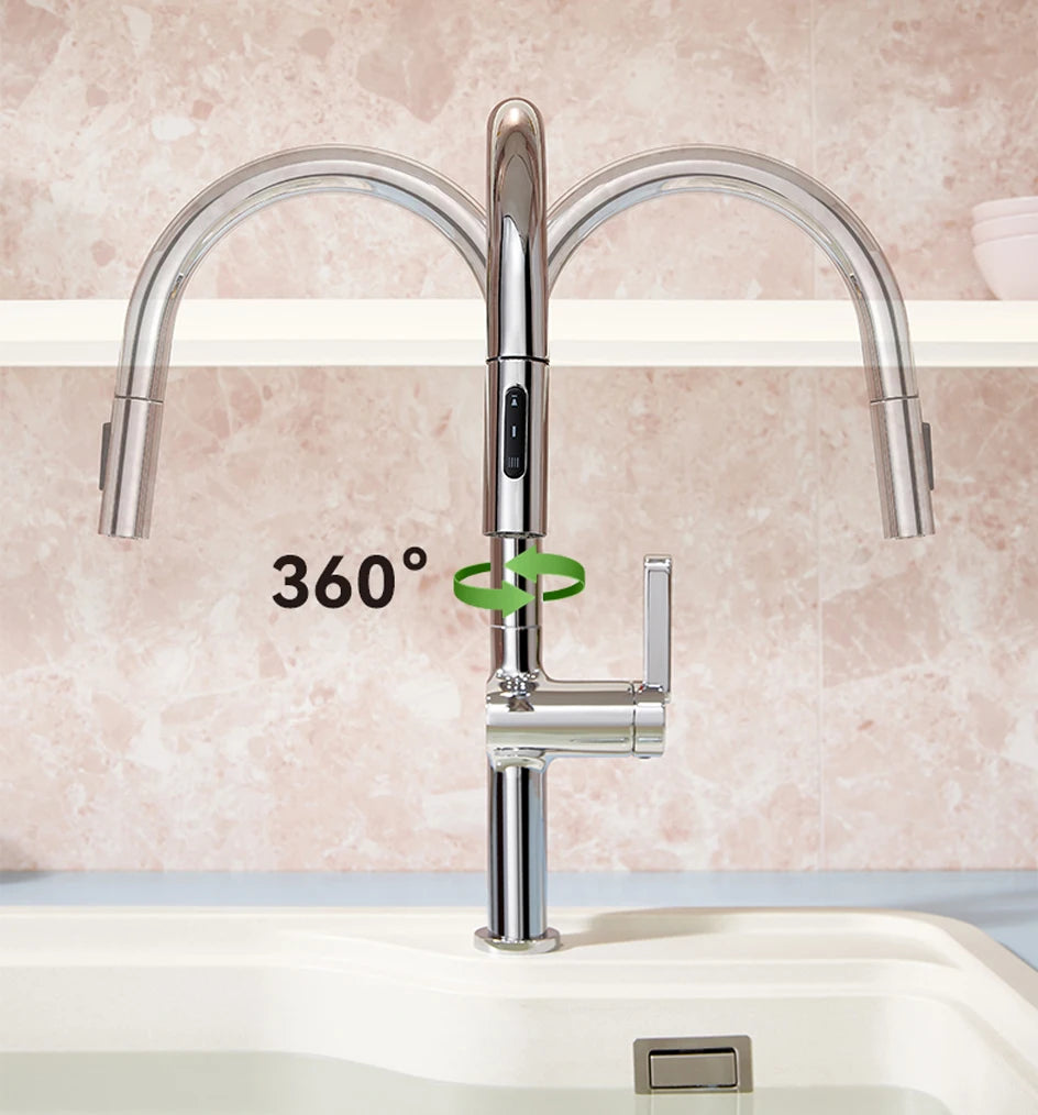 VGX Luxury Brushed Kitchen Faucet Deck Mounted Tap Pull Out Kitchen Sink Mixer Single Handle Kitchen Gourmet Faucet Water Crane