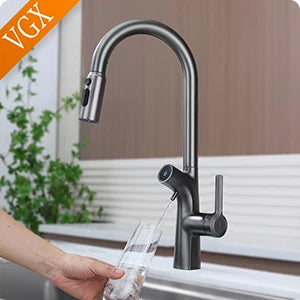 VGX Luxury Brushed Kitchen Faucet Deck Mounted Tap Pull Out Kitchen Sink Mixer Single Handle Kitchen Gourmet Faucet Water Crane