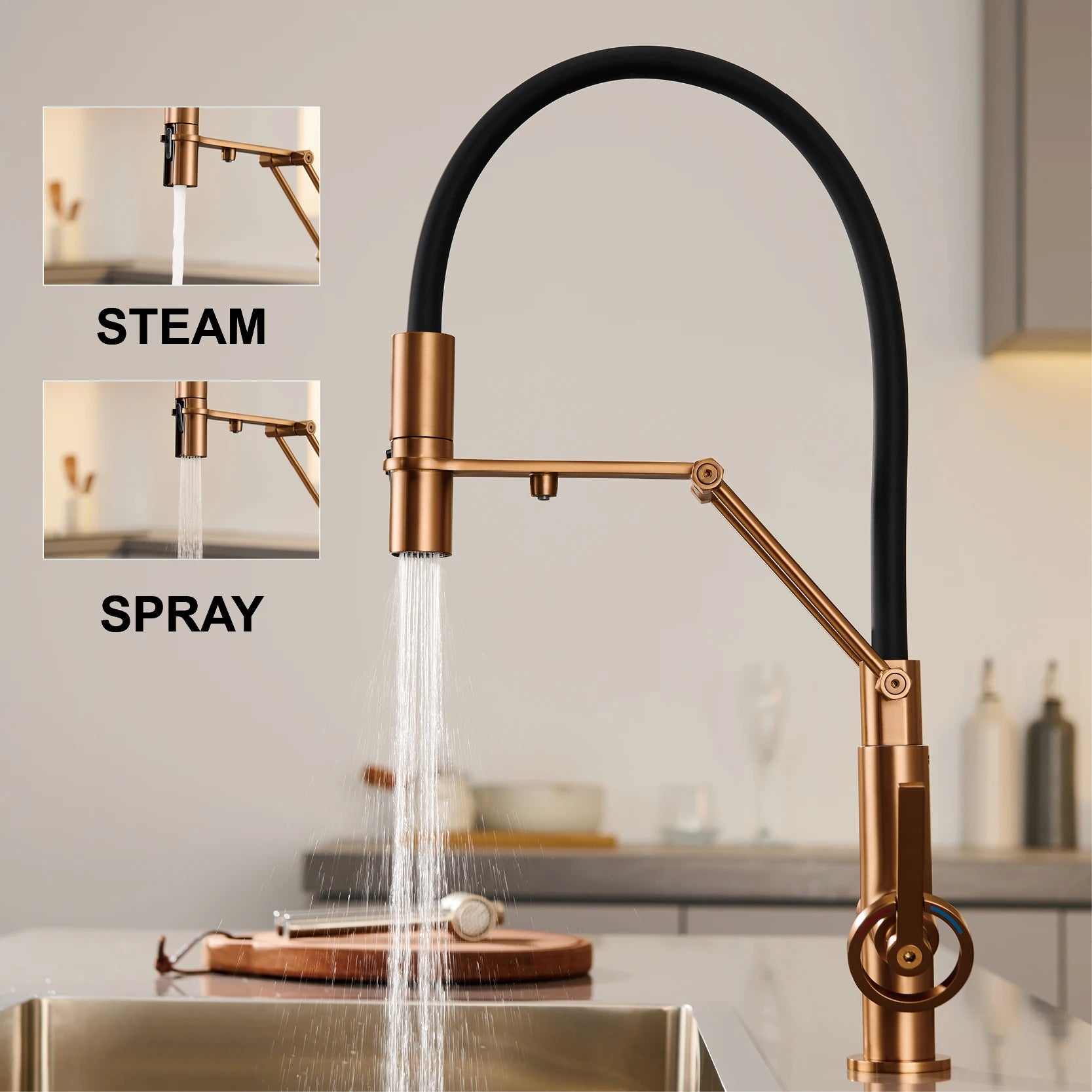 Industrial brass brushed rose gold kitchen faucet with separated filter faucet. 1 hole pull-out hot&cold water tank mixr Tap