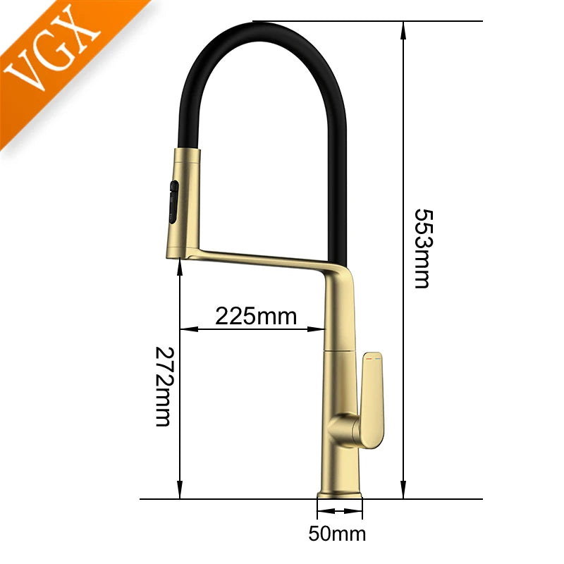 VGX Brushed Kitchen Faucet Sink Faucet Rubber Pull Down Stream Sprayer Tap Rotatable Kitchen Mixer Water Tap Hot Cold Crane Gold