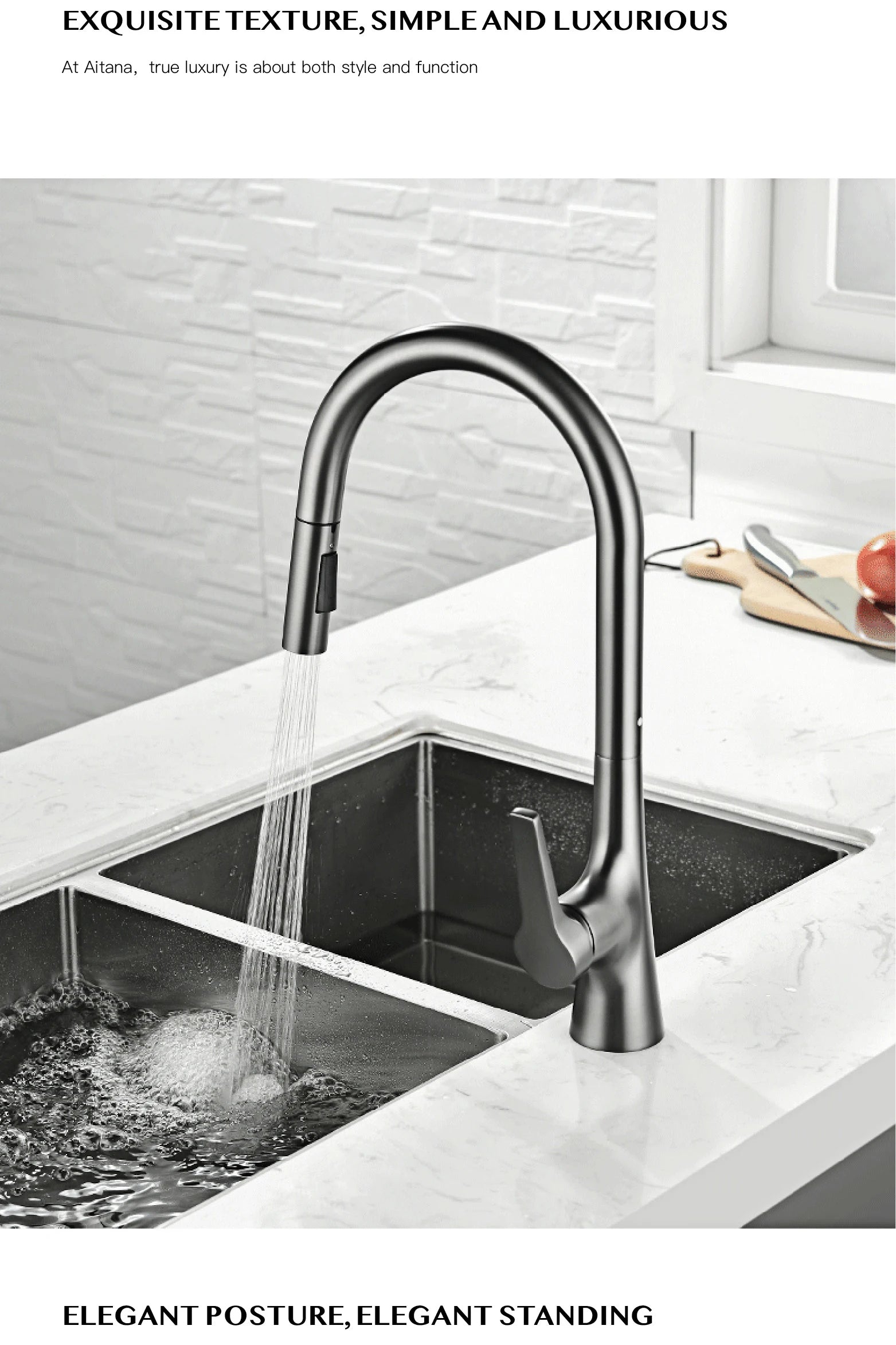 AITANA modern brushed gold kitchen faucet with single handle and single hole ceramic valve core hot&cold water pull-out sink Tap