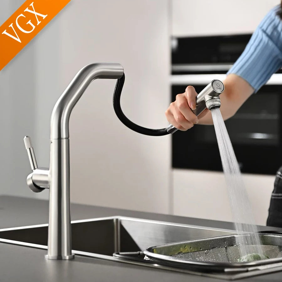 VGX Gold Kitchen Faucet Dual Spout Pure Drinking Water Tap Pull Out Kitchen Sink Mixer Stainless Steel Kitchen Gourmet Crane
