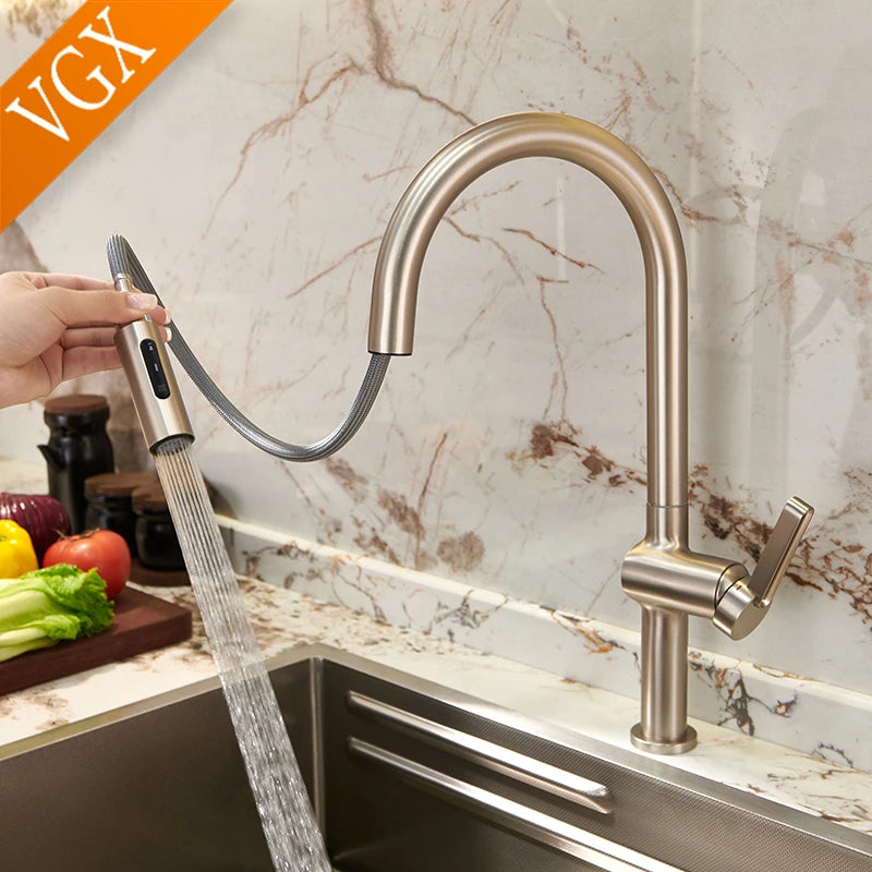 VGX Luxury Brushed Kitchen Faucet Deck Mounted Tap Pull Out Kitchen Sink Mixer Single Handle Kitchen Gourmet Faucet Water Crane