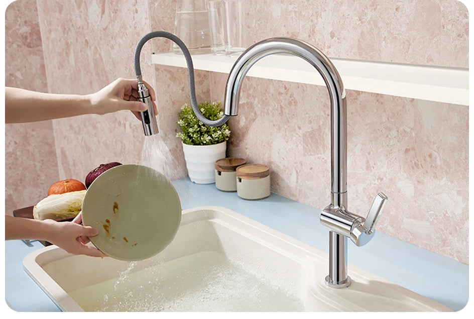 VGX Luxury Brushed Kitchen Faucet Deck Mounted Tap Pull Out Kitchen Sink Mixer Single Handle Kitchen Gourmet Faucet Water Crane