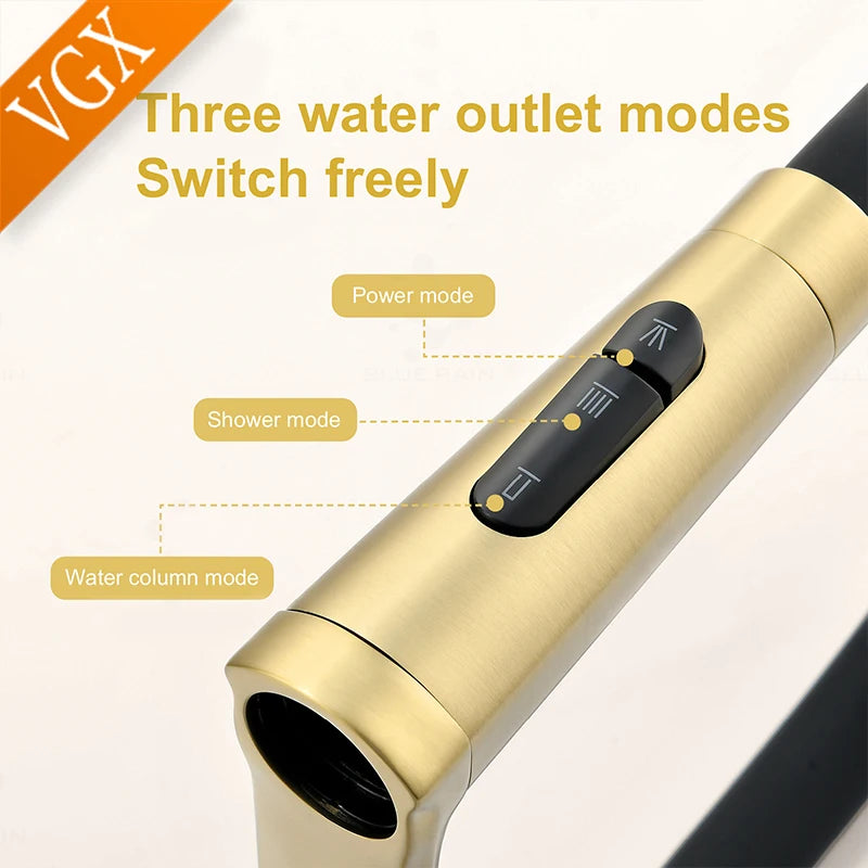 VGX Brushed Kitchen Faucet Sink Faucet Rubber Pull Down Stream Sprayer Tap Rotatable Kitchen Mixer Water Tap Hot Cold Crane Gold