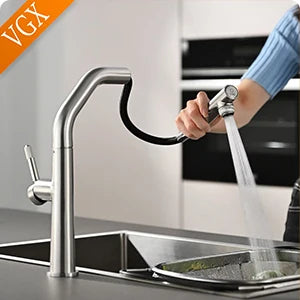 VGX Brushed Kitchen Faucet Sink Faucet Rubber Pull Down Stream Sprayer Tap Rotatable Kitchen Mixer Water Tap Hot Cold Crane Gold