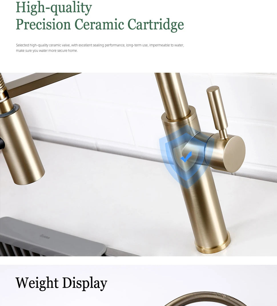 Brushed Gold Kitchen Faucets Single Handle Pull Out Kitchen Mixer Hot And Cold Water Swivel Degree Water Tap
