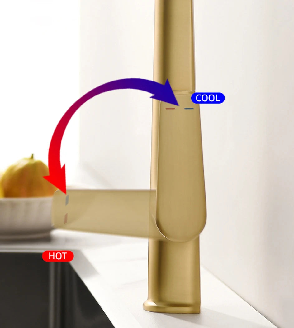 VGX Brushed Kitchen Faucet Sink Faucet Rubber Pull Down Stream Sprayer Tap Rotatable Kitchen Mixer Water Tap Hot Cold Crane Gold