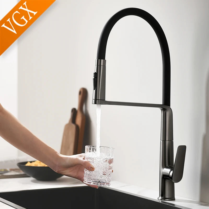 VGX Kitchen Faucet Sink Faucets Rubber Pull Down Stream Sprayer Taps Rotatable Kitchen Mixer Water Tap Hot Cold Crane Rose Gold