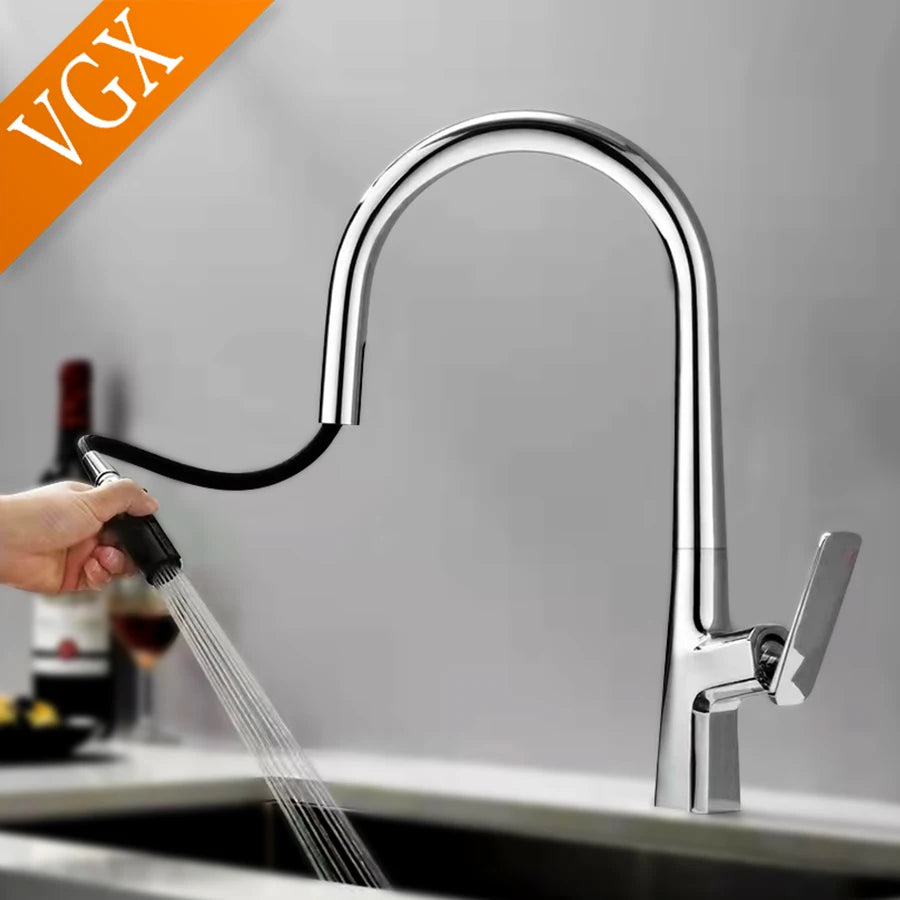 VGX Pull Out Kitchen Sink Faucet Stream Sprayer Kitchen Gourmet Faucet Rotatable Basin Mixer Water Tap Hot Cold Crane Brass Grey