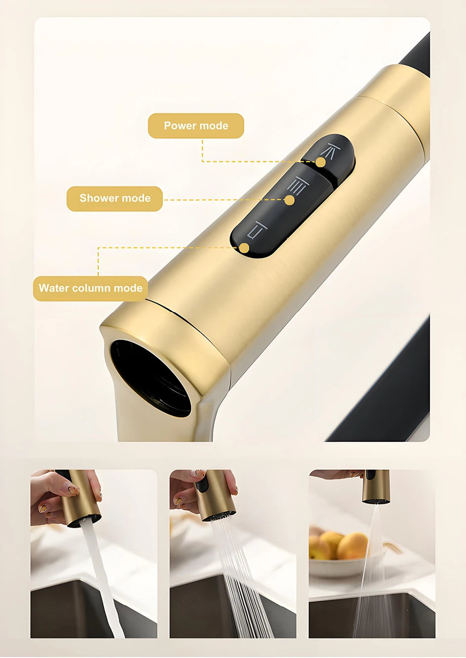 VGX Brushed Kitchen Faucet Sink Faucet Rubber Pull Down Stream Sprayer Tap Rotatable Kitchen Mixer Water Tap Hot Cold Crane Gold