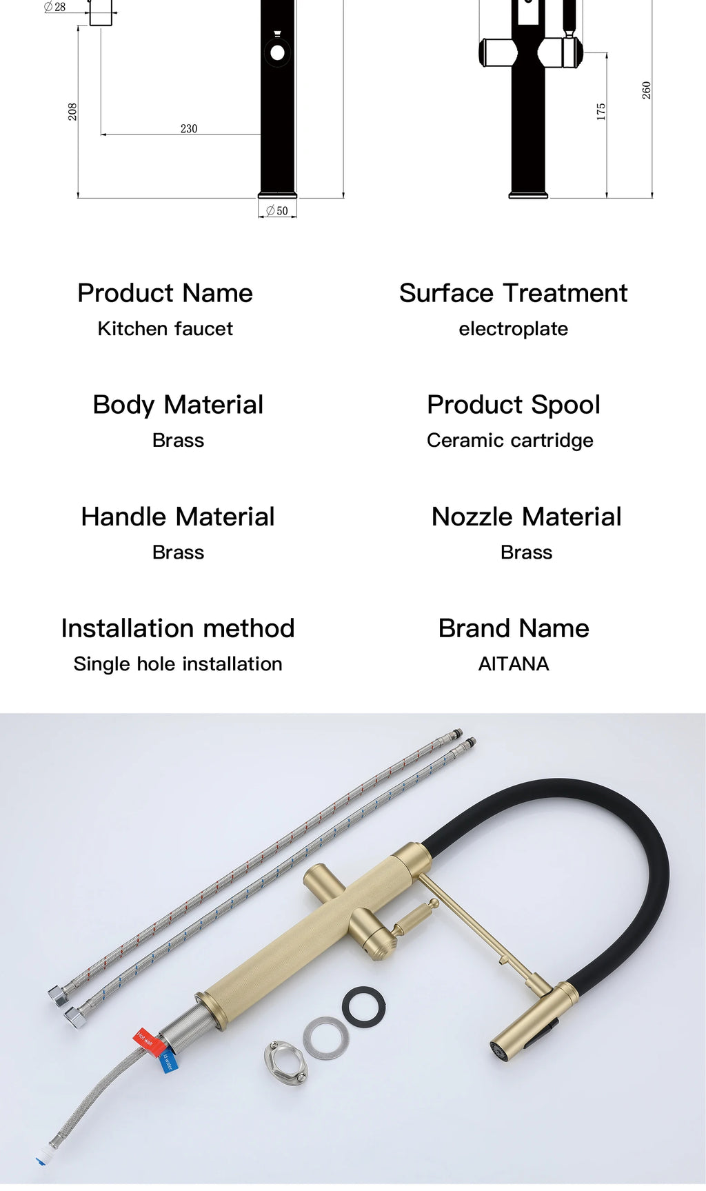Brushed gold copper pull-out kitchen faucet with single hole hot and cold water 2 functions and drinking water mode sink Mixer