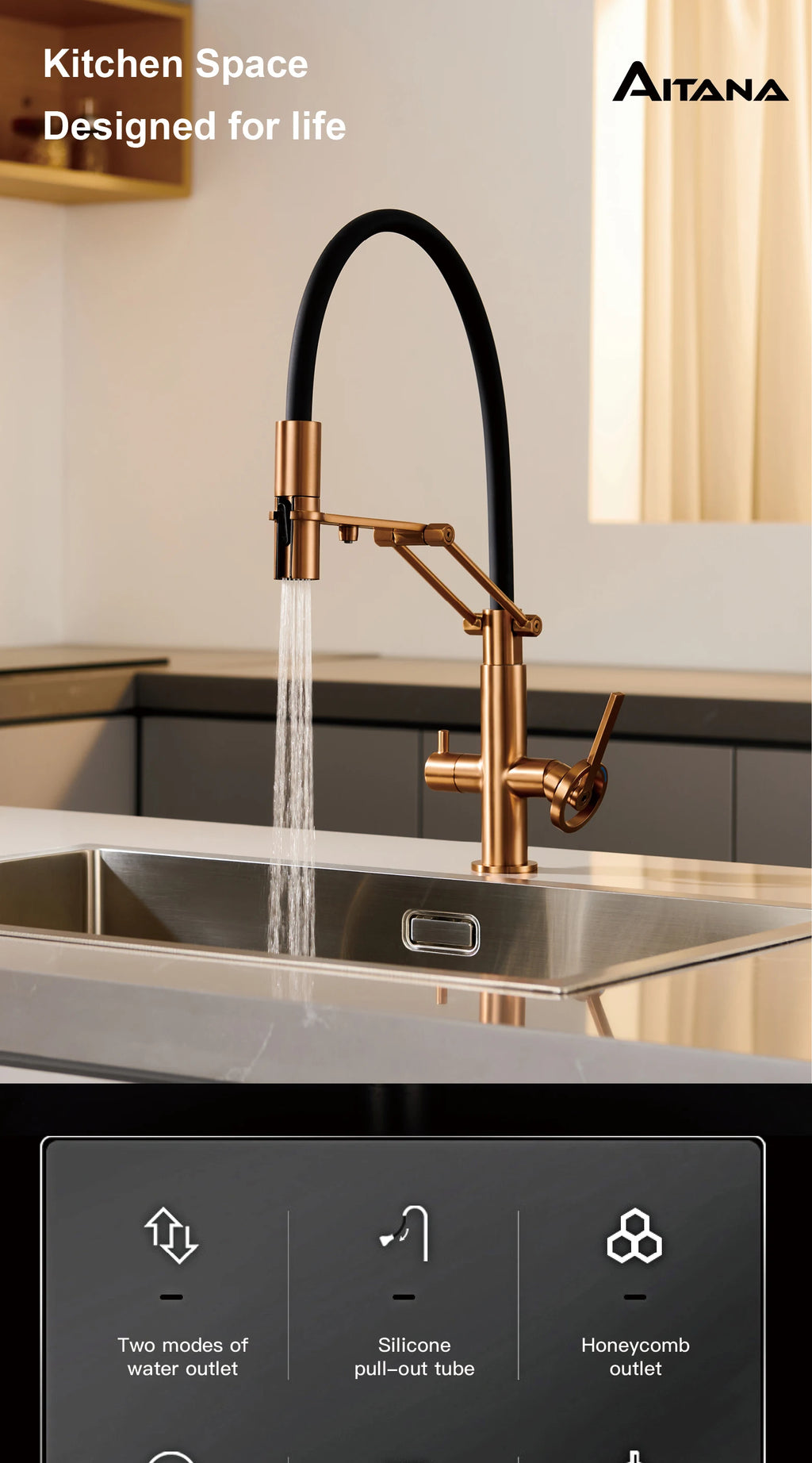 Industrial brass brushed rose gold kitchen faucet with separated filter faucet. 1 hole pull-out hot&cold water tank mixr Tap