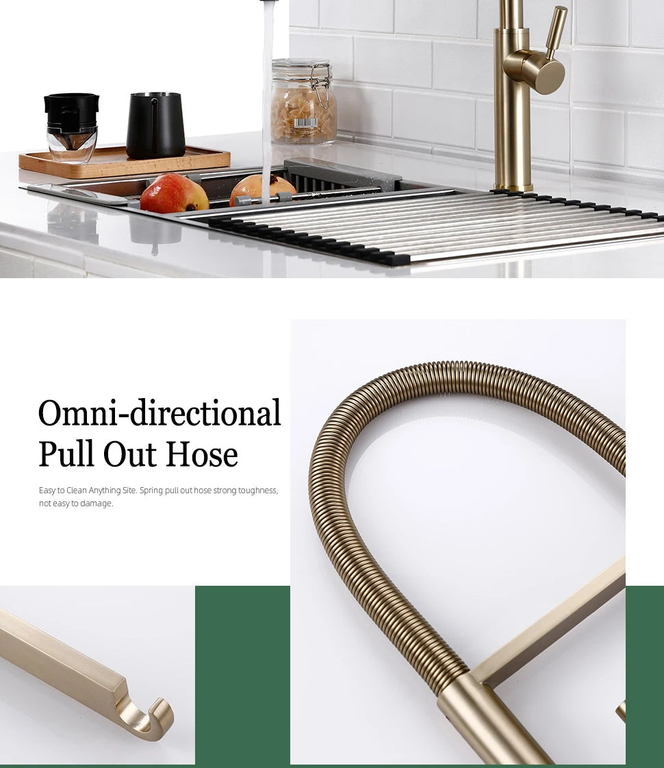 Brushed Gold Kitchen Faucets Single Handle Pull Out Kitchen Mixer Hot And Cold Water Swivel Degree Water Tap