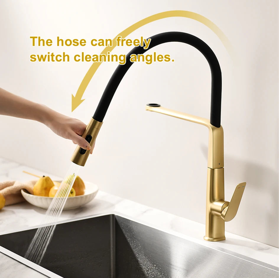 VGX Brushed Kitchen Faucet Sink Faucet Rubber Pull Down Stream Sprayer Tap Rotatable Kitchen Mixer Water Tap Hot Cold Crane Gold