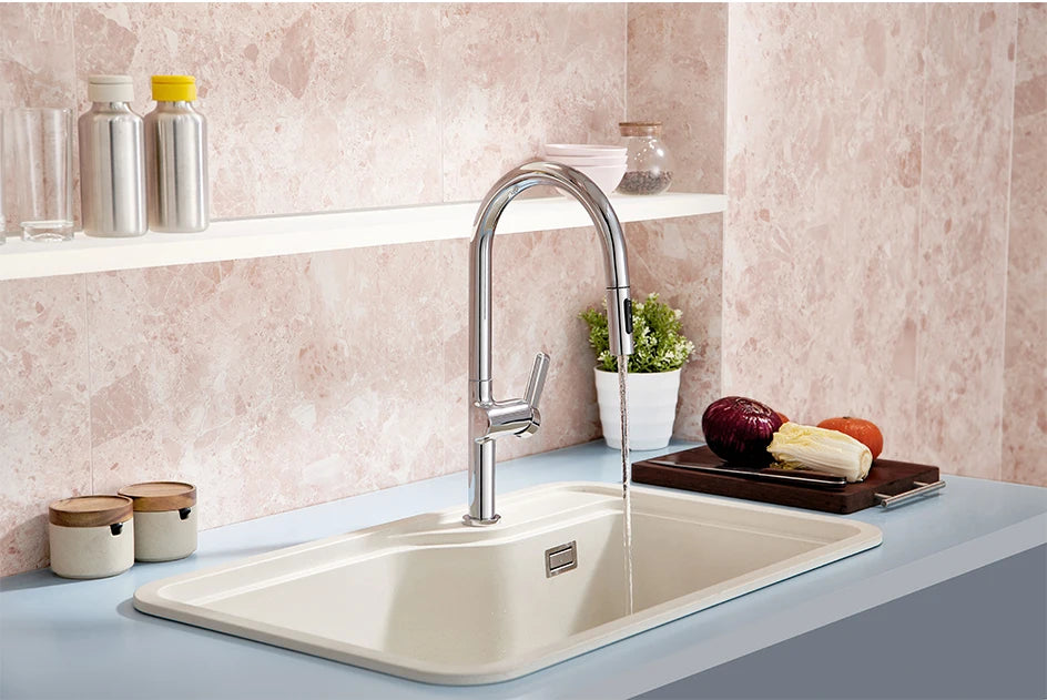 VGX Luxury Brushed Kitchen Faucet Deck Mounted Tap Pull Out Kitchen Sink Mixer Single Handle Kitchen Gourmet Faucet Water Crane