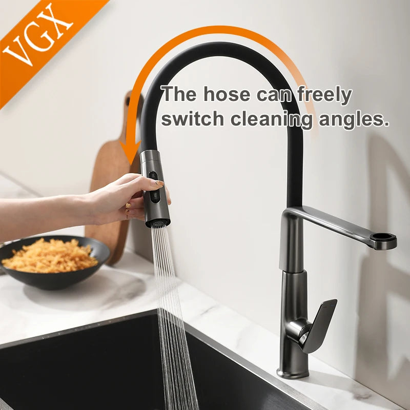 VGX Kitchen Faucet Sink Faucets Rubber Pull Down Stream Sprayer Taps Rotatable Kitchen Mixer Water Tap Hot Cold Crane Rose Gold