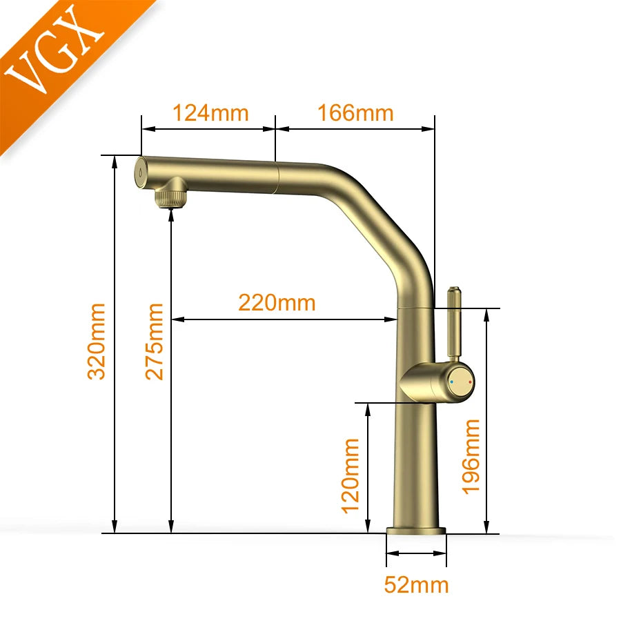 VGX Gold Kitchen Faucet Dual Spout Pure Drinking Water Tap Pull Out Kitchen Sink Mixer Stainless Steel Kitchen Gourmet Crane
