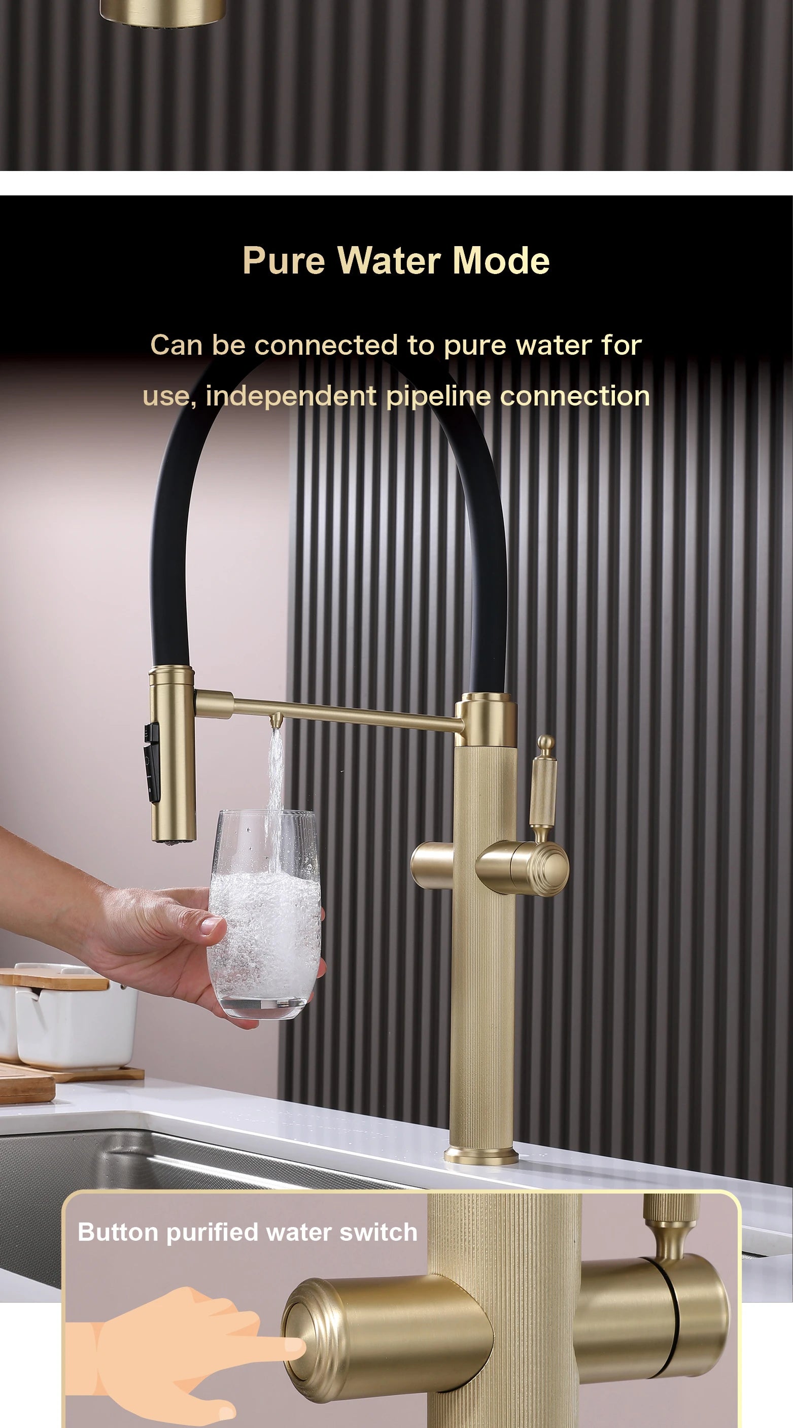 Brushed gold copper pull-out kitchen faucet with single hole hot and cold water 2 functions and drinking water mode sink Mixer