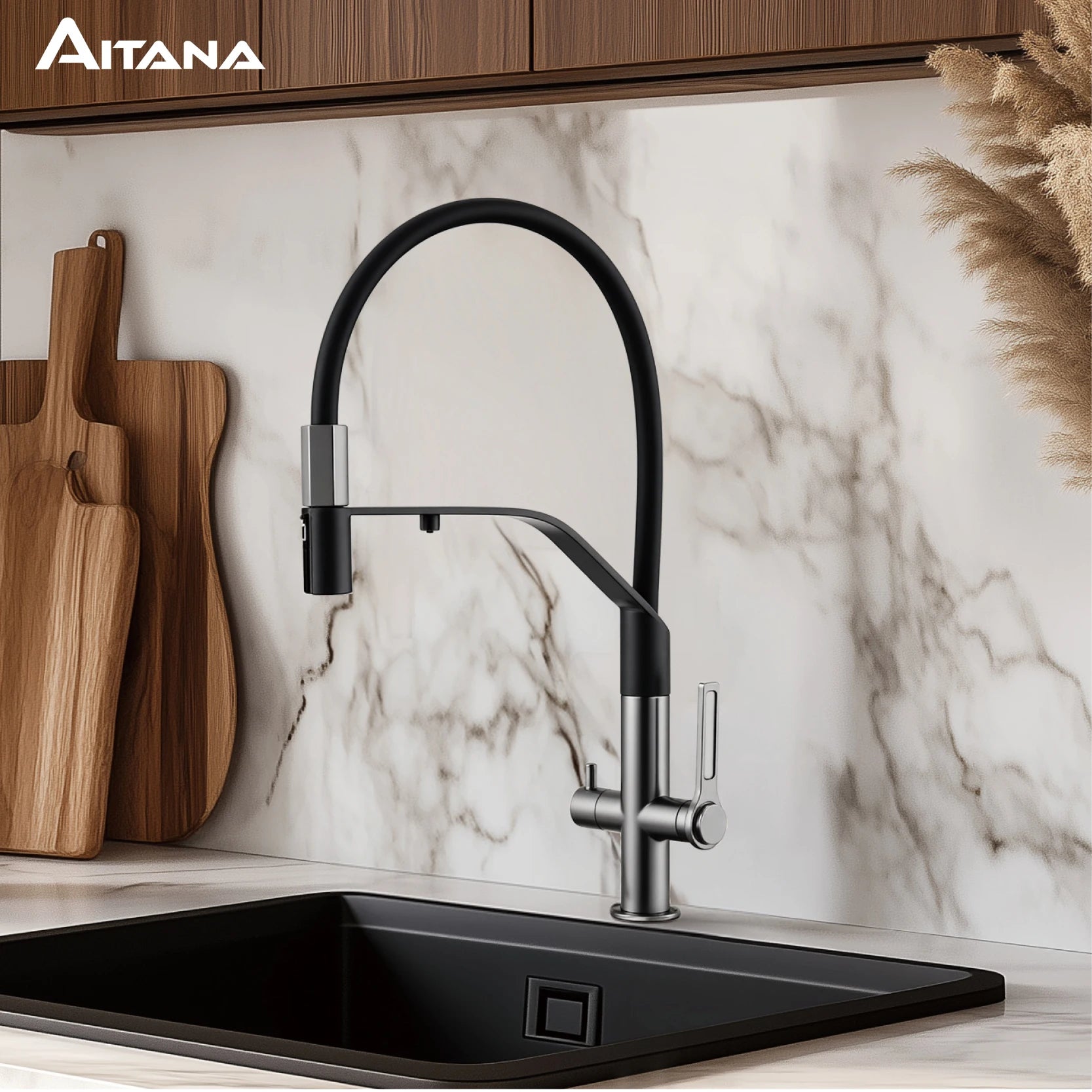 Modern Gun-Grey Stainless Steel 3-in-1 Kitchen Faucet with Filtered Water 1 Hole Double-Handle Mixer for Cold&Hot Water Sink Tap