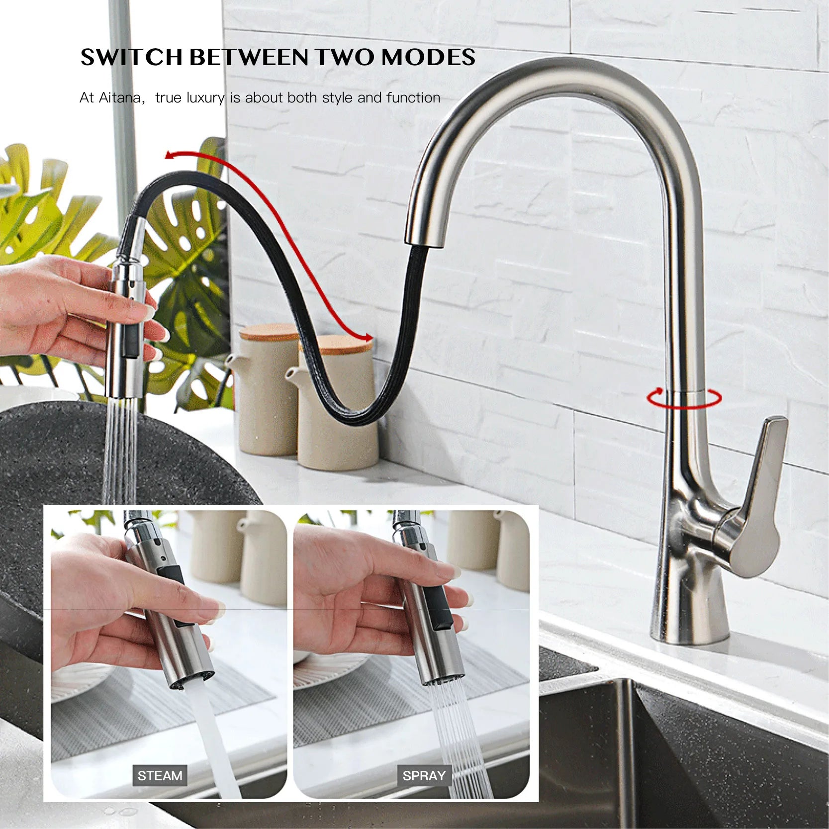 AITANA modern brushed gold kitchen faucet with single handle and single hole ceramic valve core hot&cold water pull-out sink Tap