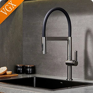 VGX Luxury Brushed Kitchen Faucet Deck Mounted Tap Pull Out Kitchen Sink Mixer Single Handle Kitchen Gourmet Faucet Water Crane