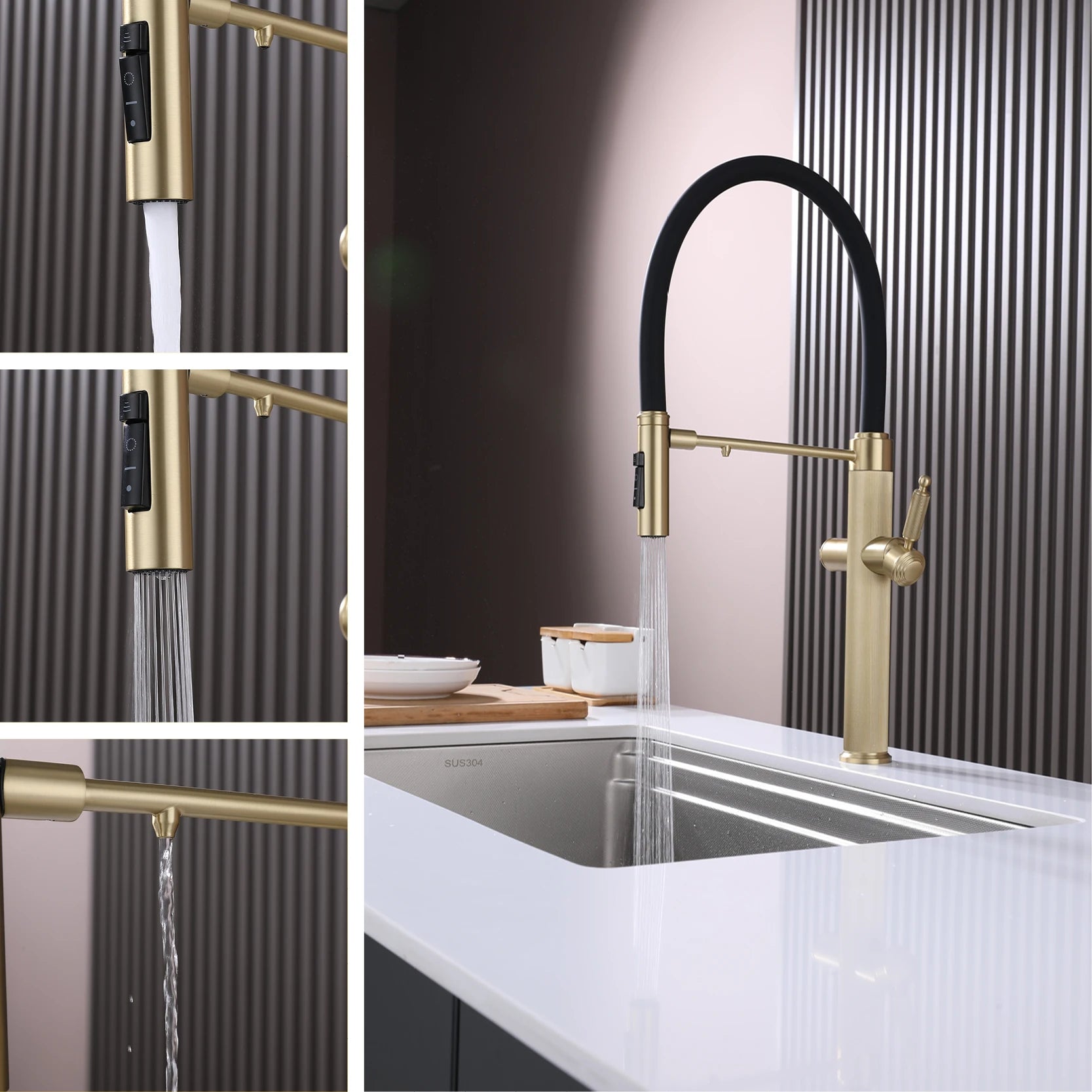 Brushed gold copper pull-out kitchen faucet with single hole hot and cold water 2 functions and drinking water mode sink Mixer