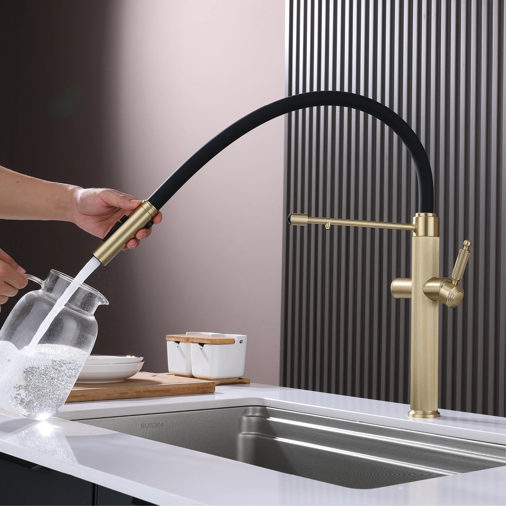 Brushed gold copper pull-out kitchen faucet with single hole hot and cold water 2 functions and drinking water mode sink Mixer