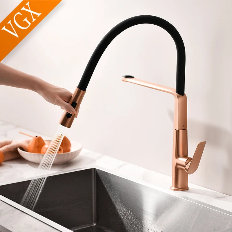 VGX Brushed Kitchen Faucet Sink Faucet Rubber Pull Down Stream Sprayer Tap Rotatable Kitchen Mixer Water Tap Hot Cold Crane Gold