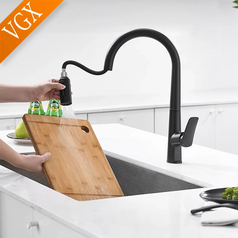 VGX Filter Water Kitchen Faucet Dual Spout Pure Drinking Water Tap Pull Out Kitchen Sink Mixer Faucet Gourmet Brass Crane Gold