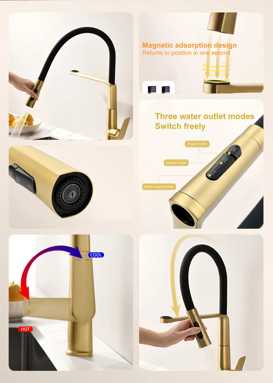 VGX Brushed Kitchen Faucet Sink Faucet Rubber Pull Down Stream Sprayer Tap Rotatable Kitchen Mixer Water Tap Hot Cold Crane Gold
