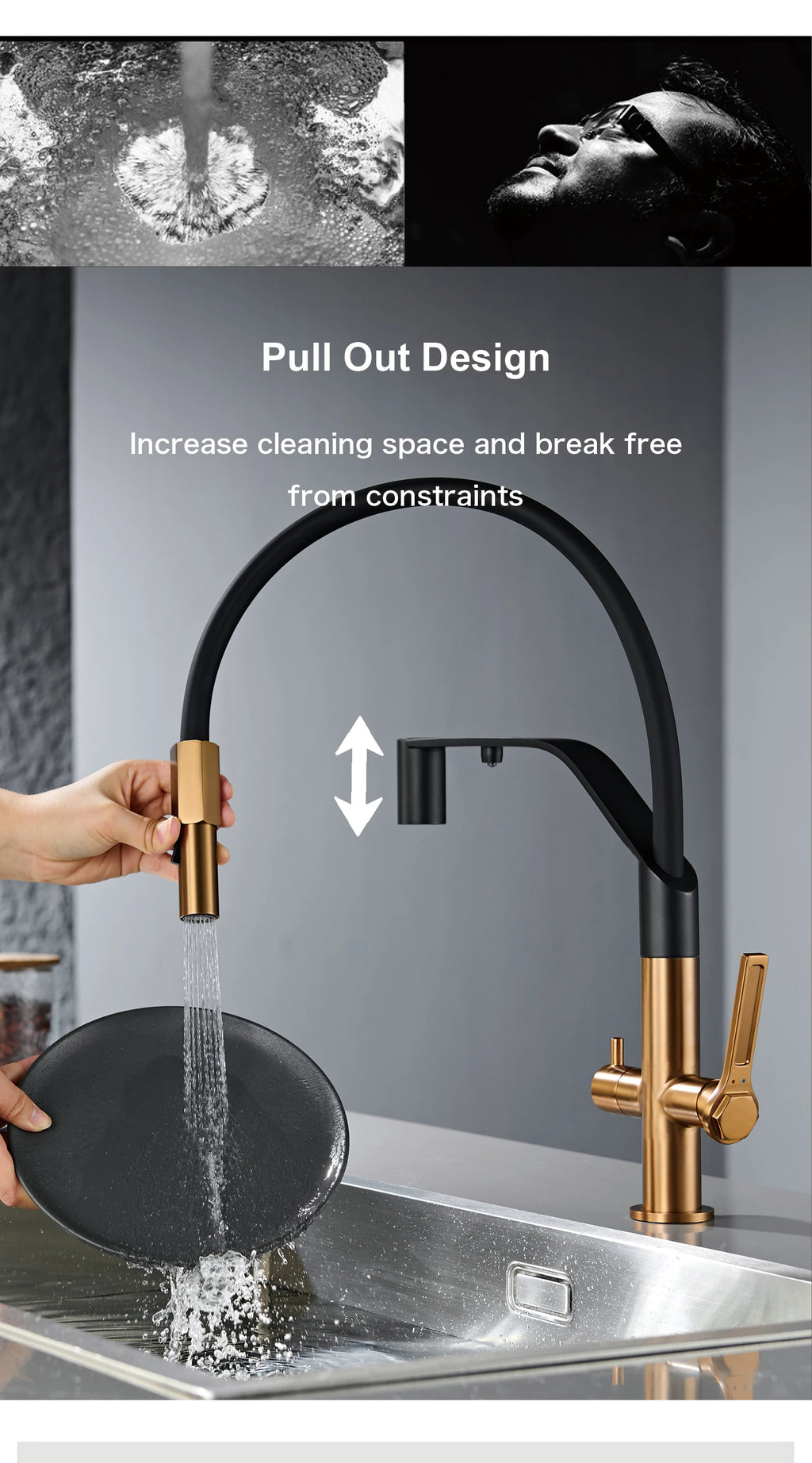 Modern Gun-Grey Stainless Steel 3-in-1 Kitchen Faucet with Filtered Water 1 Hole Double-Handle Mixer for Cold&Hot Water Sink Tap