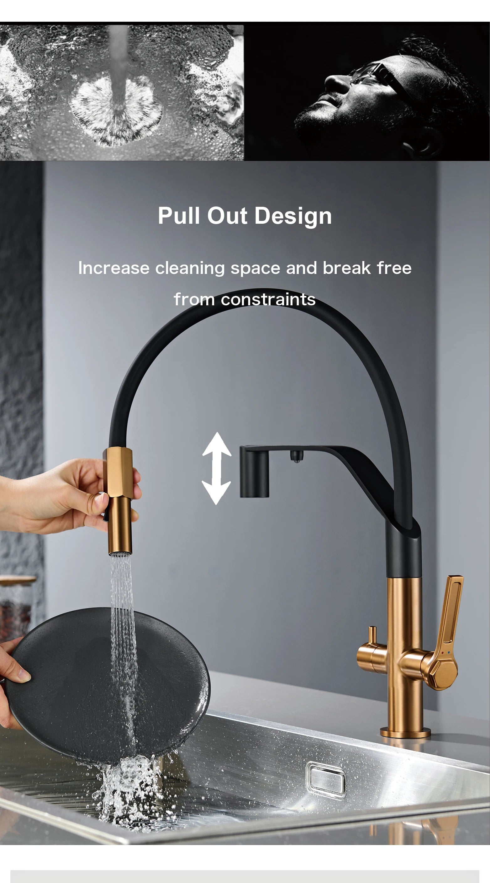 Modern Gun-Grey Stainless Steel 3-in-1 Kitchen Faucet with Filtered Water 1 Hole Double-Handle Mixer for Cold&Hot Water Sink Tap
