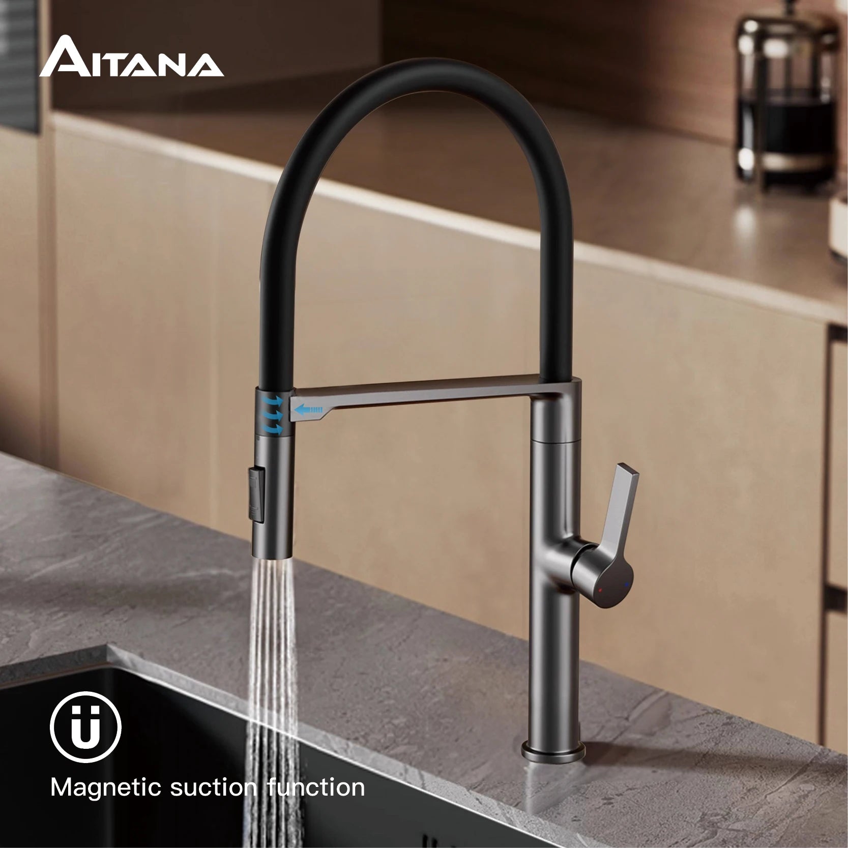 AITANA Luxury Gun Grey Brass Kitchen Faucet Simple Design Single Handle 2-Function Hot and Cold Water Pullout Sink Mixer