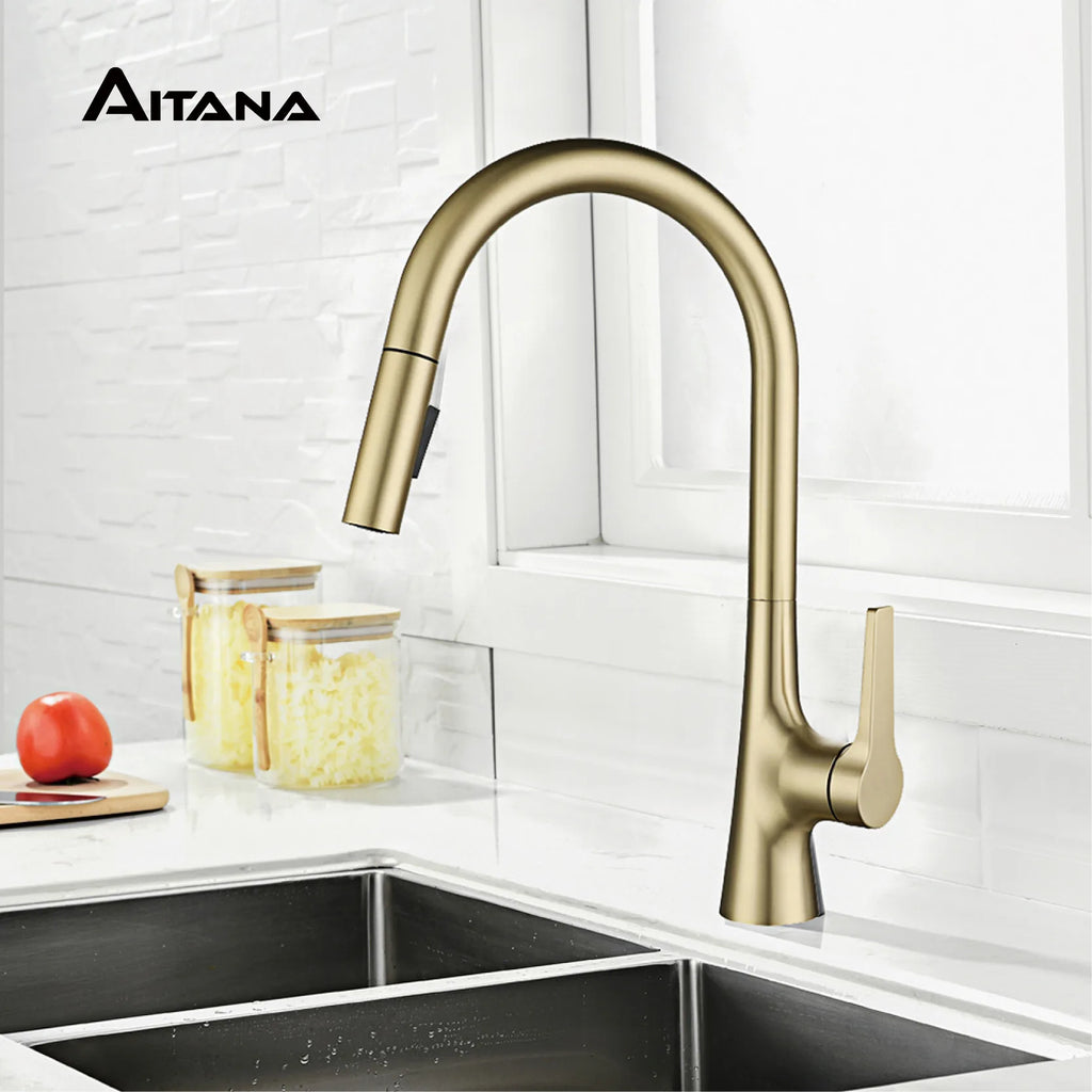 AITANA modern brushed gold kitchen faucet with single handle and single hole ceramic valve core hot&cold water pull-out sink Tap