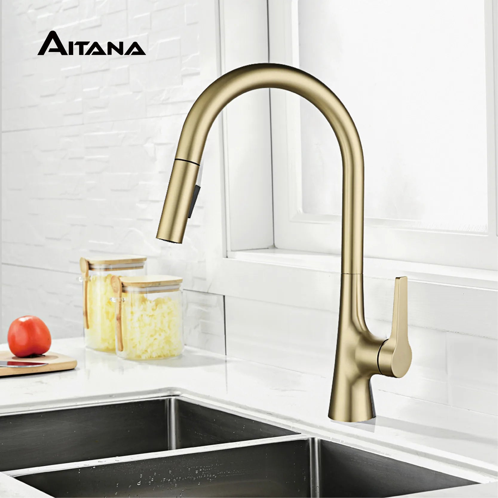 AITANA modern brushed gold kitchen faucet with single handle and single hole ceramic valve core hot&cold water pull-out sink Tap