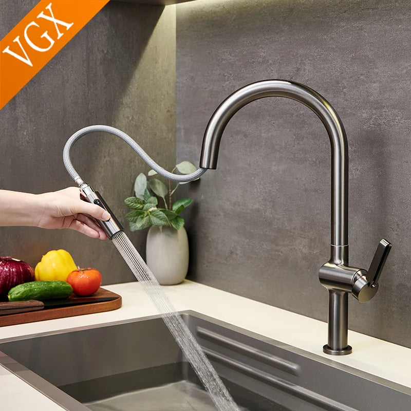 VGX Luxury Brushed Kitchen Faucet Deck Mounted Tap Pull Out Kitchen Sink Mixer Single Handle Kitchen Gourmet Faucet Water Crane