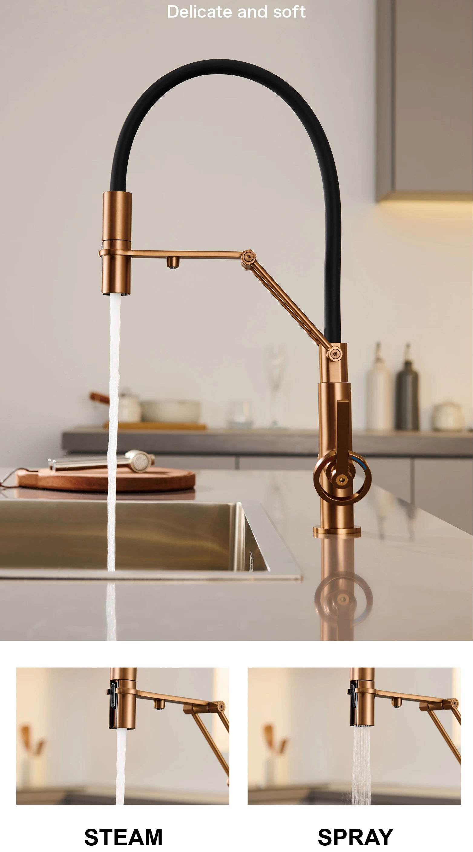 Industrial brass brushed rose gold kitchen faucet with separated filter faucet. 1 hole pull-out hot&cold water tank mixr Tap